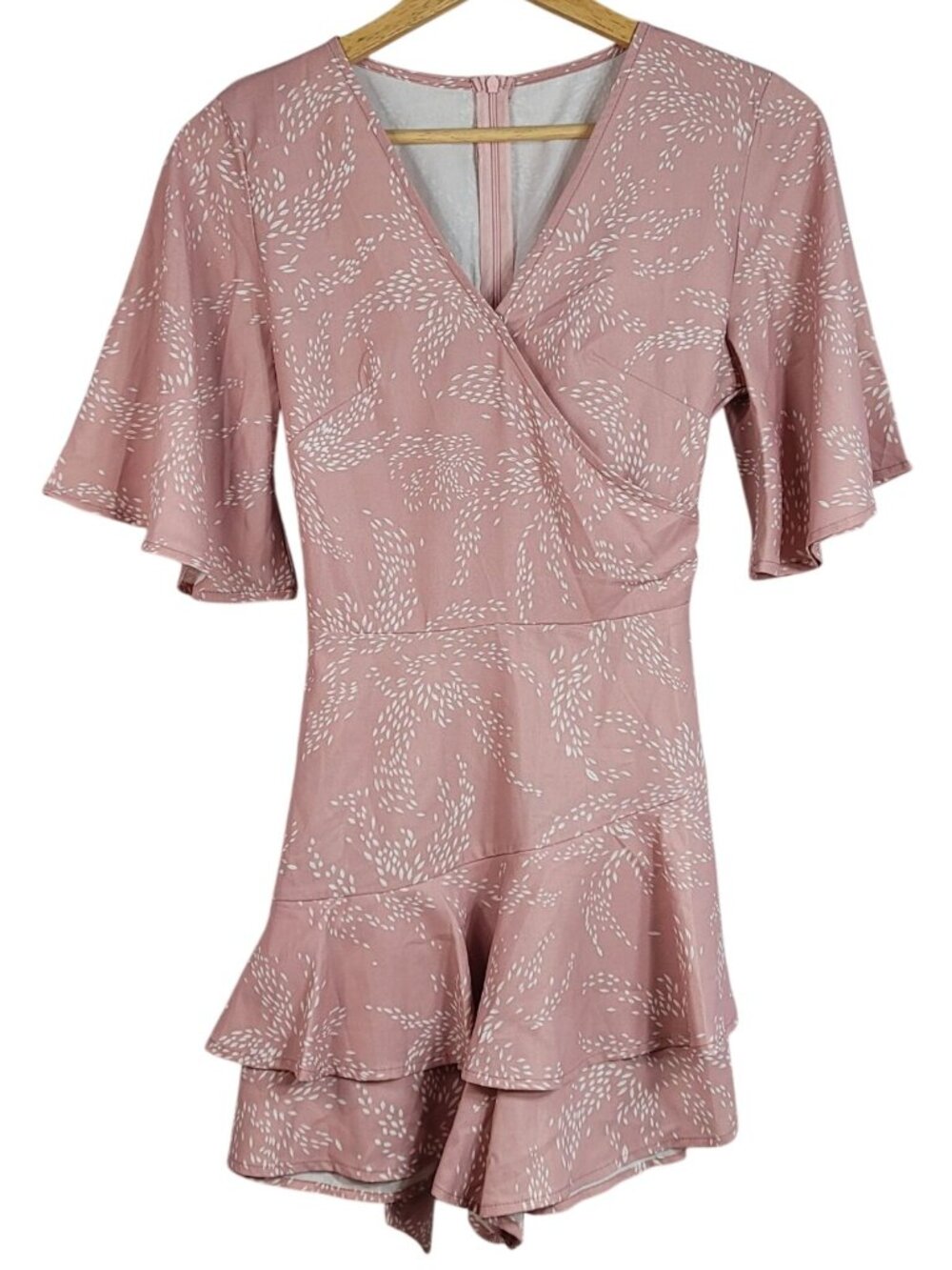 Womens Romper Pink Mauve Small Leaves Short Sleeves V Neck Ruffle Mini Zip Tie